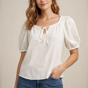 RW&CO White Tie Front Blouse Puff Sleeve Lightweight Small